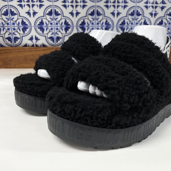 UGG Oh Fluffita Platform Slingback Slippers Black Sheepskin Size 10 - Picture 3 of 12